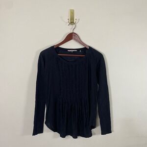 Rebecca‎ Taylor Womens Black 100% Linen Long Sleeve Top Braided Fringe M Western